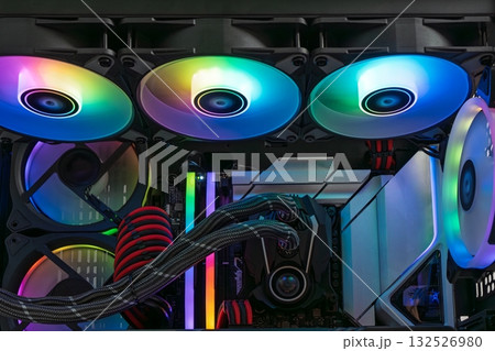 High-Performance Computer Build with RGB Lighting and Advanced Cooling System. Modern Tech High-Performance Computer Build with RGB Lighting and Advanced Cooling System. Modern Tech 132526980