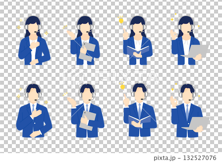 ヘッドセットをしてコールセンターで働く男女オペレーターのシンプルイラスト素材セット ヘッドセットをしてコールセンターで働く男女オペレーターのシンプルイラスト素材セット 132527076