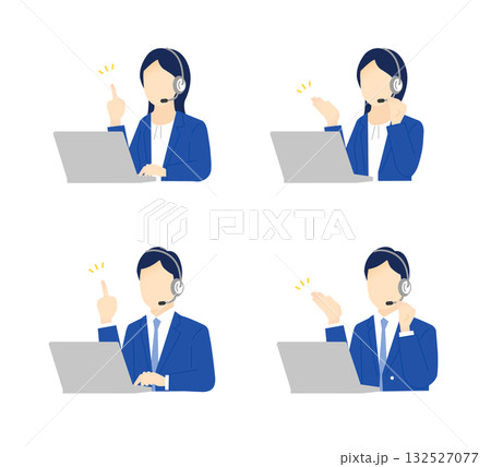 ヘッドセットをしてコールセンターで働く男女オペレーターのシンプルイラスト素材セット 132527077