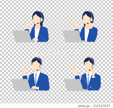 ヘッドセットをしてコールセンターで働く男女オペレーターのシンプルイラスト素材セット 132527077