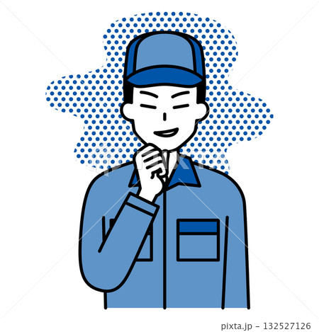 悪巧みをするつなぎ作業服の男性 132527126