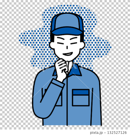 悪巧みをするつなぎ作業服の男性 132527126