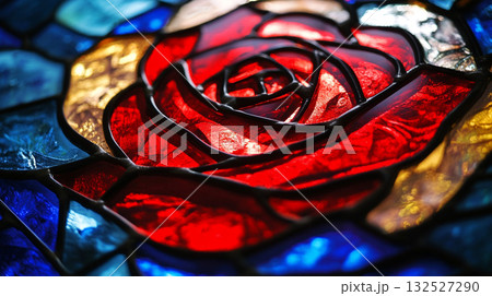 赤い薔薇の模様のステンドグラス　AI画像 132527290