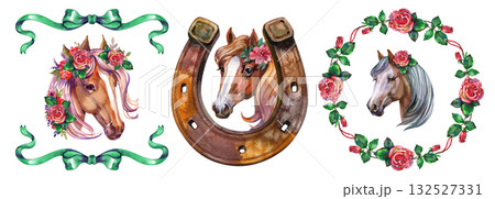 Christmas horses set in vintage style rose wreaths hand drawn watercolor illustration isolated on white. 2026 new year for design cards, decorations 132527331