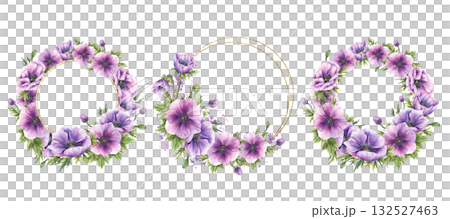 Anemones purple flowers with pink, green buds and leaves wreath set. Hand drawn watercolor botanical circle frame template with gold for wedding greeting card Isolated on white background illustration Anemones purple flowers with pink, green buds and leaves wreath set. Hand drawn watercolor botanical circle frame template with gold for wedding greeting card Isolated on white background illustration 132527463