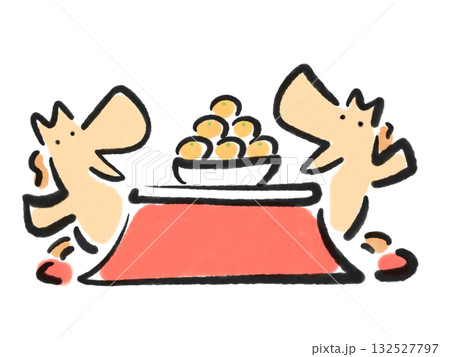 こたつでくつろぐ2頭の馬　みかん　墨絵　手描き 132527797