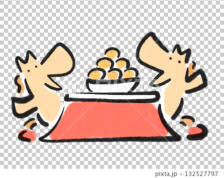 こたつでくつろぐ2頭の馬　みかん　墨絵　手描き 132527797