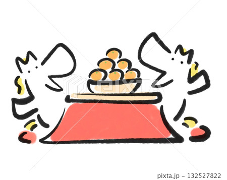 こたつでくつろぐ2頭の白馬　みかん　墨絵　手描き 132527822