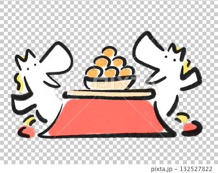 こたつでくつろぐ2頭の白馬　みかん　墨絵　手描き 132527822