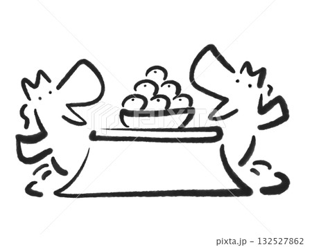 こたつでくつろぐ2頭の馬 みかん 墨絵 手描き モノクロ こたつでくつろぐ2頭の馬 みかん 墨絵 手描き モノクロ 132527862