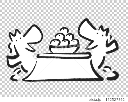 こたつでくつろぐ2頭の馬 みかん 墨絵 手描き モノクロ こたつでくつろぐ2頭の馬 みかん 墨絵 手描き モノクロ 132527862