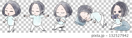 いろいろなことをしてリラックスする女性の水彩イラスト いろいろなことをしてリラックスする女性の水彩イラスト 132527942