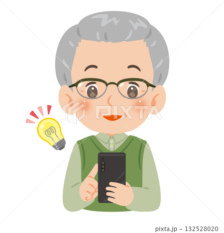 スマートフォンを見て閃くシニア男性　上半身イラスト 132528020