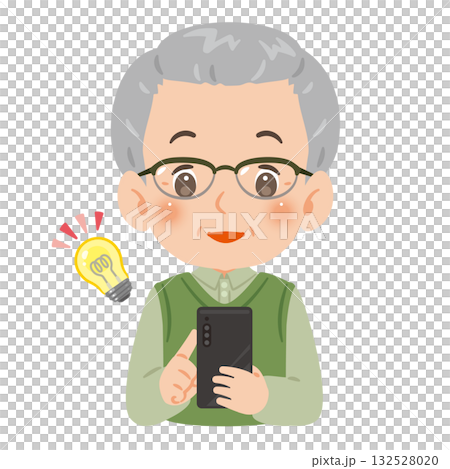 一位老年男子正看著他的智慧型手機，腦海中浮現出一個想法，圖中為上半身插圖。 132528020