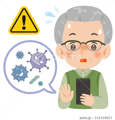 スマートフォンでウイルス被害に遭うシニア男性　上半身イラスト 132528021