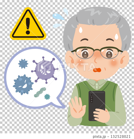 一位老年男子的智慧型手機感染了病毒，圖中展示了他的上半身。 132528021