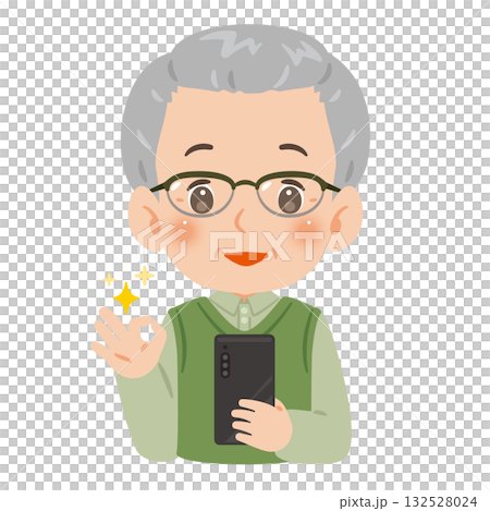 スマートフォンを持ってOKポーズするシニア男性 上半身イラスト スマートフォンを持ってOKポーズするシニア男性 上半身イラスト 132528024