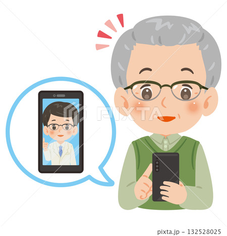 スマートフォンでオンライン診療を受けるシニア男性 上半身イラスト スマートフォンでオンライン診療を受けるシニア男性 上半身イラスト 132528025