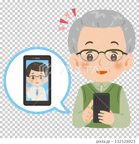 一位老年男子透過智慧型手機接受線上醫療服務,圖中展示了他的上半身。 一位老年男子透過智慧型手機接受線上醫療服務,圖中展示了他的上半身。 132528025