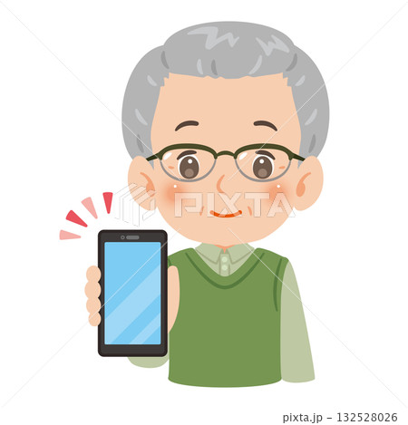 スマートフォンの画面を見せるシニア男性 上半身イラスト スマートフォンの画面を見せるシニア男性 上半身イラスト 132528026