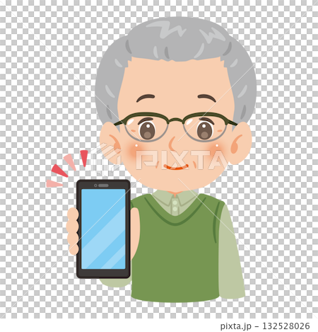 スマートフォンの画面を見せるシニア男性 上半身イラスト スマートフォンの画面を見せるシニア男性 上半身イラスト 132528026