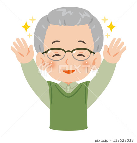 両手を上げて万歳する笑顔のシニア男性　上半身イラスト 132528035