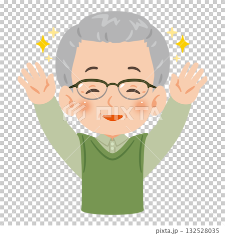 両手を上げて万歳する笑顔のシニア男性　上半身イラスト 132528035