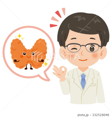 健康な甲状腺のキャラクターと白衣を着た男性医師　上半身イラスト 132528046
