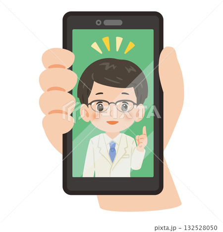 オンライン診療でスマートフォン画面に表示された男性医師イラスト 132528050