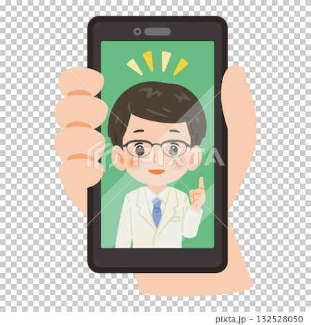 オンライン診療でスマートフォン画面に表示された男性医師イラスト 132528050