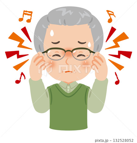耳鳴りに悩むシニア男性　上半身イラスト 132528052