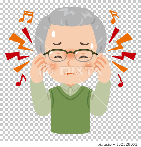 耳鳴りに悩むシニア男性　上半身イラスト 132528052