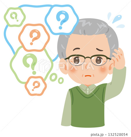 物忘れに悩むシニア男性　上半身イラスト 132528054