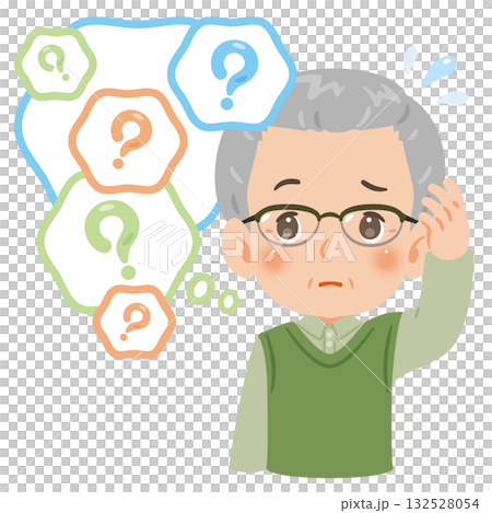 物忘れに悩むシニア男性　上半身イラスト 132528054