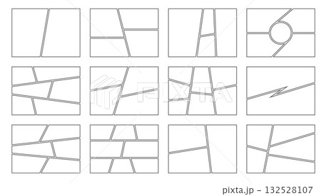 Templates for comic book. Manga frames and layout pages with grid on white background. Vector horizontal empty storyboard for poop art and anime design. 132528107