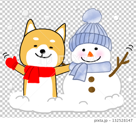 A Shiba Inu waving with a smile, with his arm around a snowman A Shiba Inu waving with a smile, with his arm around a snowman 132528147