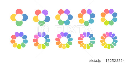 Flower petal diagram. Circle division infographic icon. Flower with leaves color shape icon. Infographic circle diagram. Pie chart. Round wheel chart. Vector illustration isolated on white background 132528224