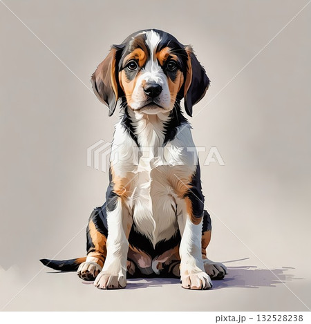 ビーグルの子犬が座ってこちらを見つめるイラスト 132528238