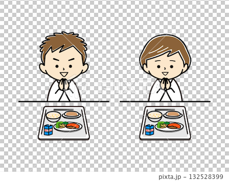 給食を前にいただきますをする男の子と女の子 132528399