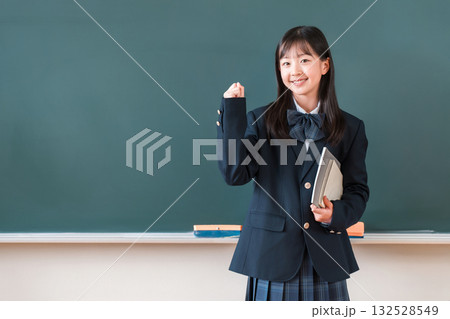 教室の黒板の前で教科書を持つ制服姿の小学生,中学生,高校生の女子生徒(ガッツポーズ) 教室の黒板の前で教科書を持つ制服姿の小学生,中学生,高校生の女子生徒(ガッツポーズ) 132528549