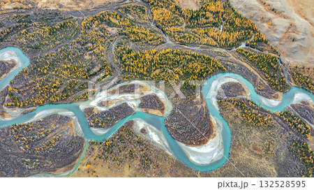 winding turquoise mountain river, aerial view. 132528595