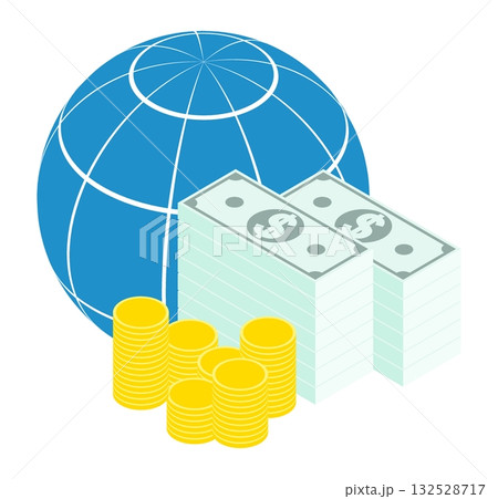 Isometric stacks of money against the backdrop of the globe, a symbol of stability of global financial system. Isolated cartoon vector on white background top view Isometric stacks of money against the backdrop of the globe, a symbol of stability of global financial system. Isolated cartoon vector on white background top view 132528717