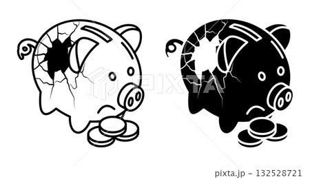 Linear isometric icon. Broken piggy bank for storing money during a financial crisis and an unstable financial situation. Simple vector isolated on white background Linear isometric icon. Broken piggy bank for storing money during a financial crisis and an unstable financial situation. Simple vector isolated on white background 132528721