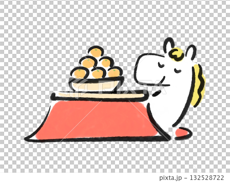 白馬在暖桌旁休憩,橘子,水墨畫,手繪 白馬在暖桌旁休憩,橘子,水墨畫,手繪 132528722