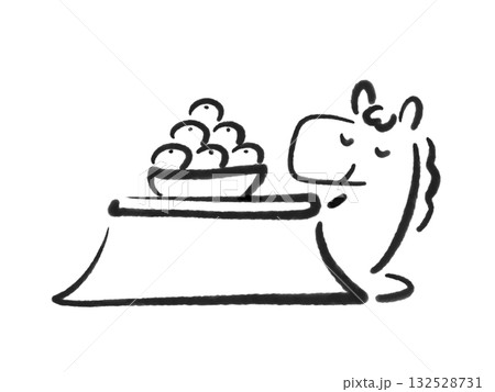 こたつでゆっくりくつろぐ馬 みかん 墨絵 手描き モノクロ こたつでゆっくりくつろぐ馬 みかん 墨絵 手描き モノクロ 132528731