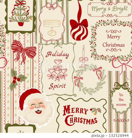 Vintage Christmas posters collage seamless pattern. Vector retro winter holiday mosaic print, Santa background Vintage Christmas posters collage seamless pattern. Vector retro winter holiday mosaic print, Santa background 132528944