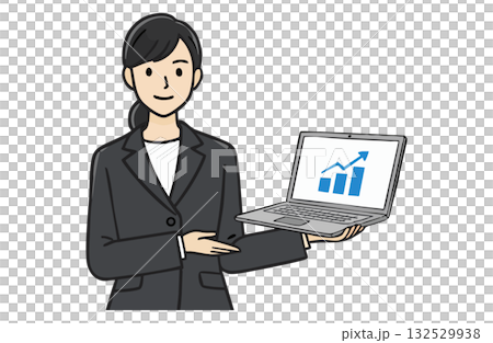 女商人展示筆記型電腦螢幕（上半身，純色） 132529938