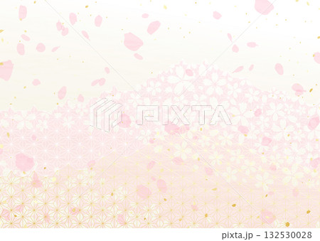 麻の葉模様と桜の花柄を組み合わせた和風背景イラスト 132530028