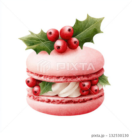 Delicate pink macaron decorated with red berries and green holly leaves creates festive Christmas feel in charming watercolor style perfect for holiday celebrations 132530130