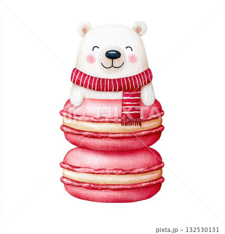 Cute watercolor illustration of smiling bear wearing red scarf sitting on two pink macarons creating festive and cozy christmas feeling in soft colors Cute watercolor illustration of smiling bear wearing red scarf sitting on two pink macarons creating festive and cozy christmas feeling in soft colors 132530131